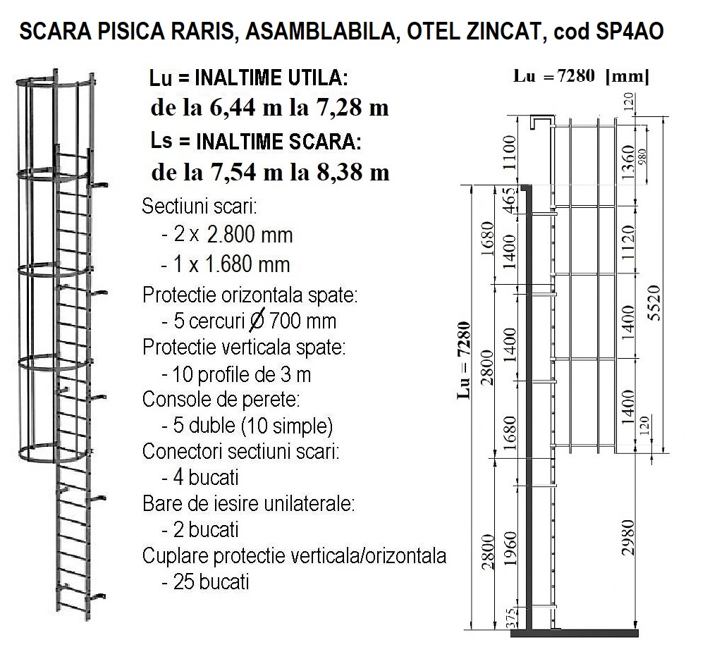 Scara pisica RARIS, asamblabila, din otel zincat, inaltime acoperis de la 6,44 m la 7,28m, cod SP4AO